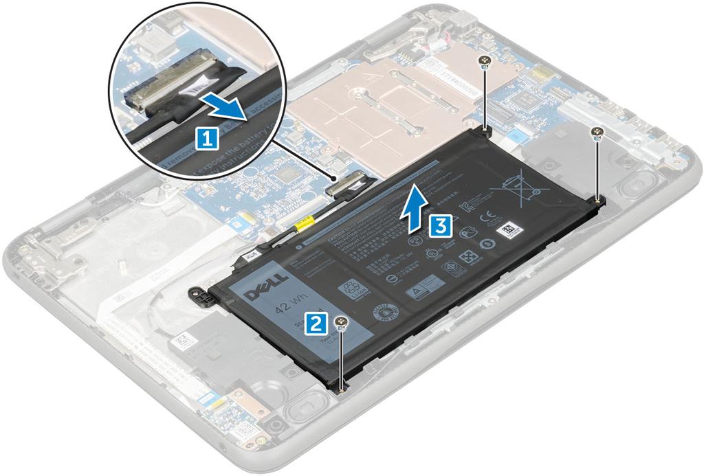 Montera batteriet 1 För in batteriet i urtaget på datorn. 2 Anslut batterikabeln till kontakten på batteriet. 3 Dra åt de M2x3-skruvarna som håller fast batteriet i datorn.