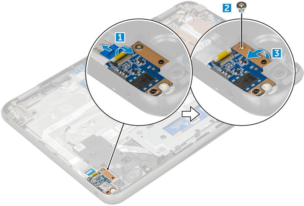 Installation av ljudkortet 1 Infoga ljudkortet i kortplatsen på datorn. 2 Sätt tillbaka de M2x3-skruven som håller fast ljudkortet i datorn. 3 Anslut ljudkabeln till kontakten på ljudkortet.