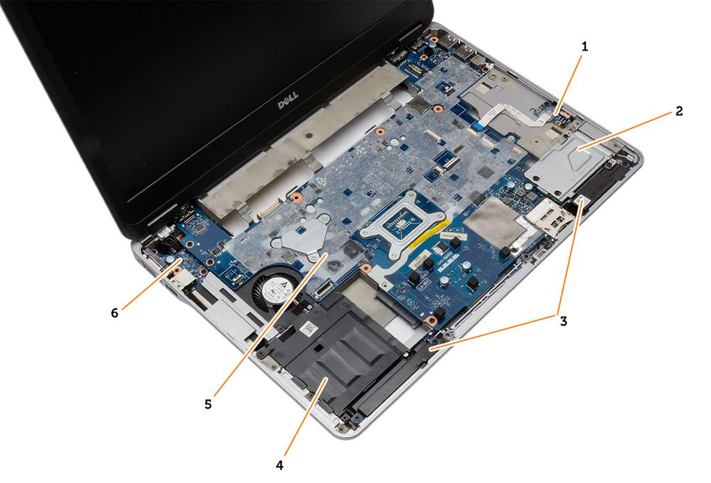Figur 2. Vy ovanifrån Tangentbord och handledsstödet borttagna 1. WiFi-omkopplarkort 2. ExpressCard-hållare 3. högtalare 4. hårddiskfack 5. moderkort 6. I/O-kort Ta bort SD-kortet (secure digital) 1.