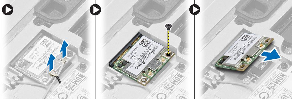 3. Utför följande steg: a. Koppla bort antennkablarna från WLAN-kortet. b. Ta bort skruven som håller fast WLAN-kortet vid moderkortet. c. Ta bort WLAN-kortet från datorn. Installera WLAN kortet 1.