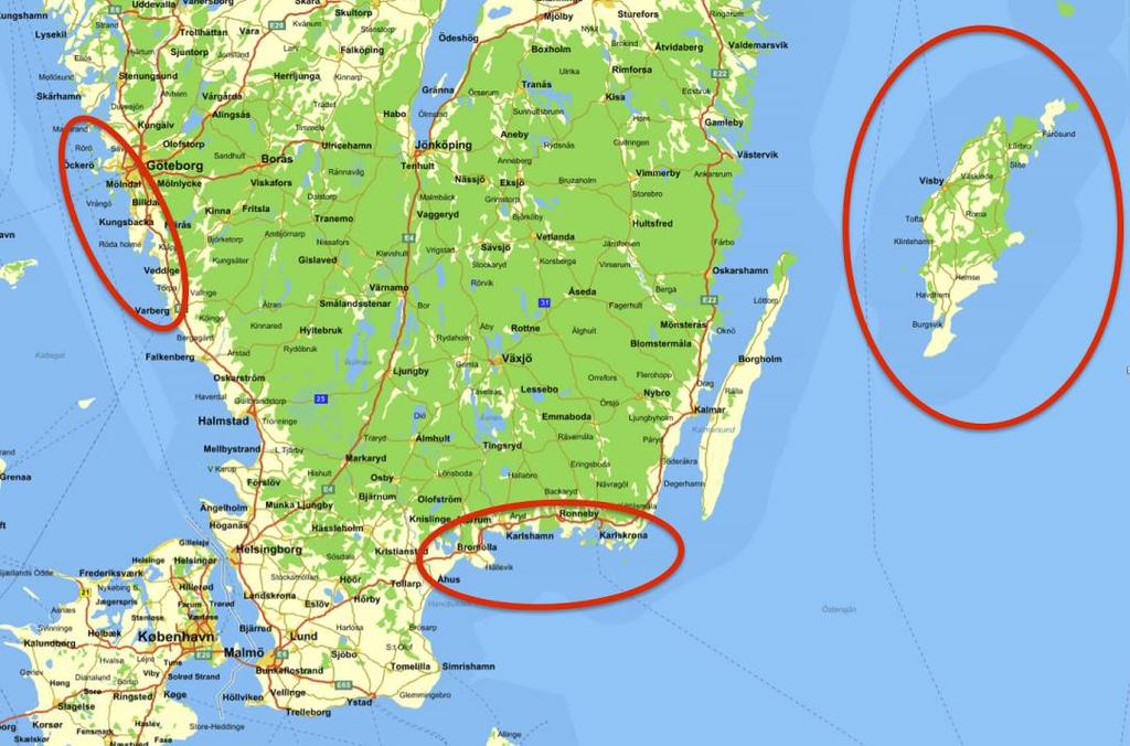 Figur 3. Huvudsakligt utbredningsområde för den kentska tärnan i Sverige 2015 2018. Populationsutvecklingen i Blekinge I Blekinge gjordes den första kända observationen av kentsk tärna1952.