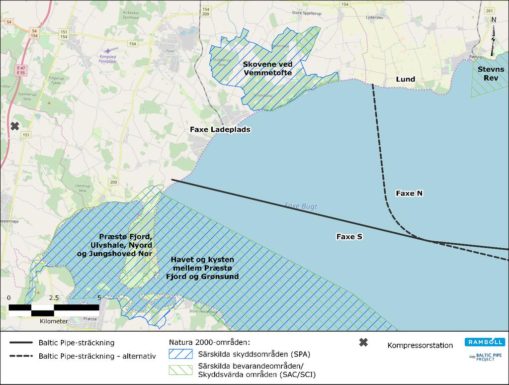 Figur 5-2 Landföringsalternativ i Danmark. Strandkorsningen vid Faxe N landföringsstäckning ligger väster om byn Lund (Figur 5-2).