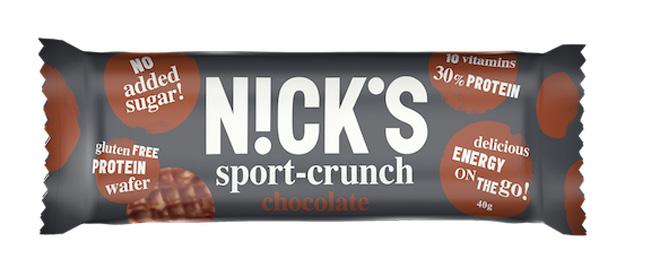 NICK s Sport crunch - Choklad 40g Ingredienser: Vassle/myseprotein, vegetabilisk olja (palm****), glutenfri mjöl/mel mix (majsstärkelse, potatisstärkelse, majsmjöl), kakaomassa, kakaosmör,