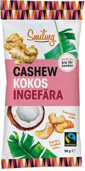 Smiling cashew med havssalt 50g Ingredienser: Ekologiska cashewnötter, havssalt.