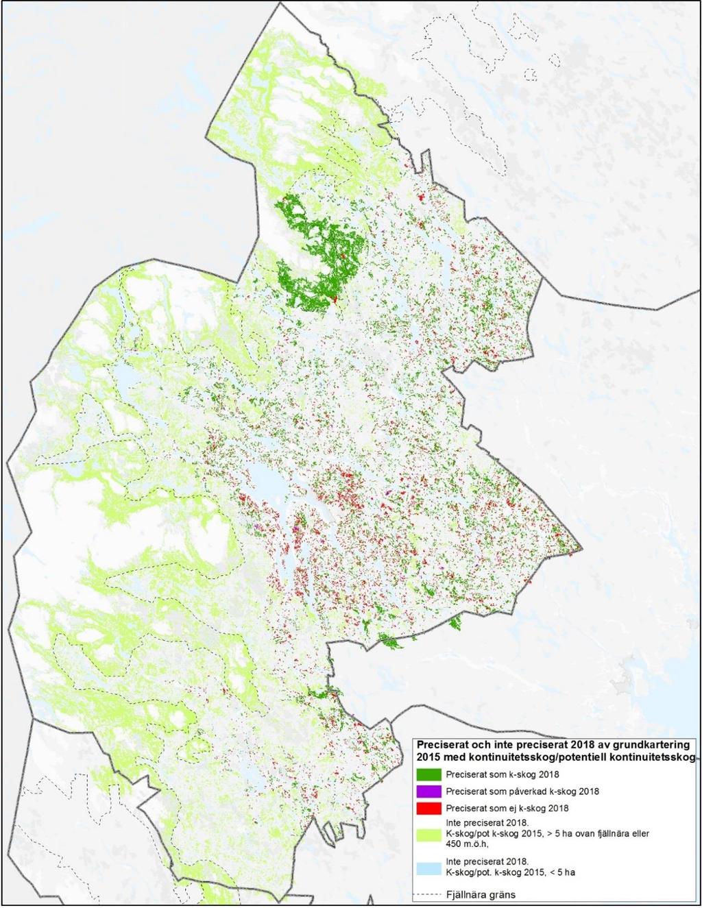 Figur 12. Preciserad och inte preciserad k-skog av grundkarteringen 2015 samt resultat av preciserade ytor 2018 i klasserna k-skog, påverkad k-skog och ej k-skog.
