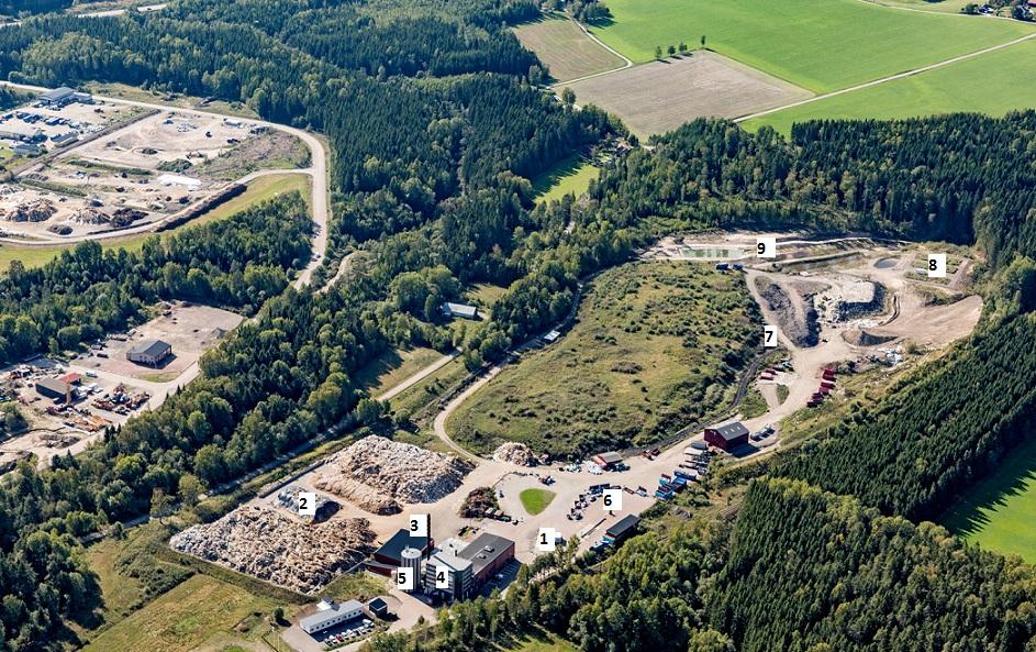 3.2 Översiktsbild Översiktbild över Lersätters värmeverk och avfallshanteringsområde 1. Fordonsvåg 2. Yta för mellanlagring och krossning och beredning av bränsle 3. Skraplager 4. Pannhus 5.