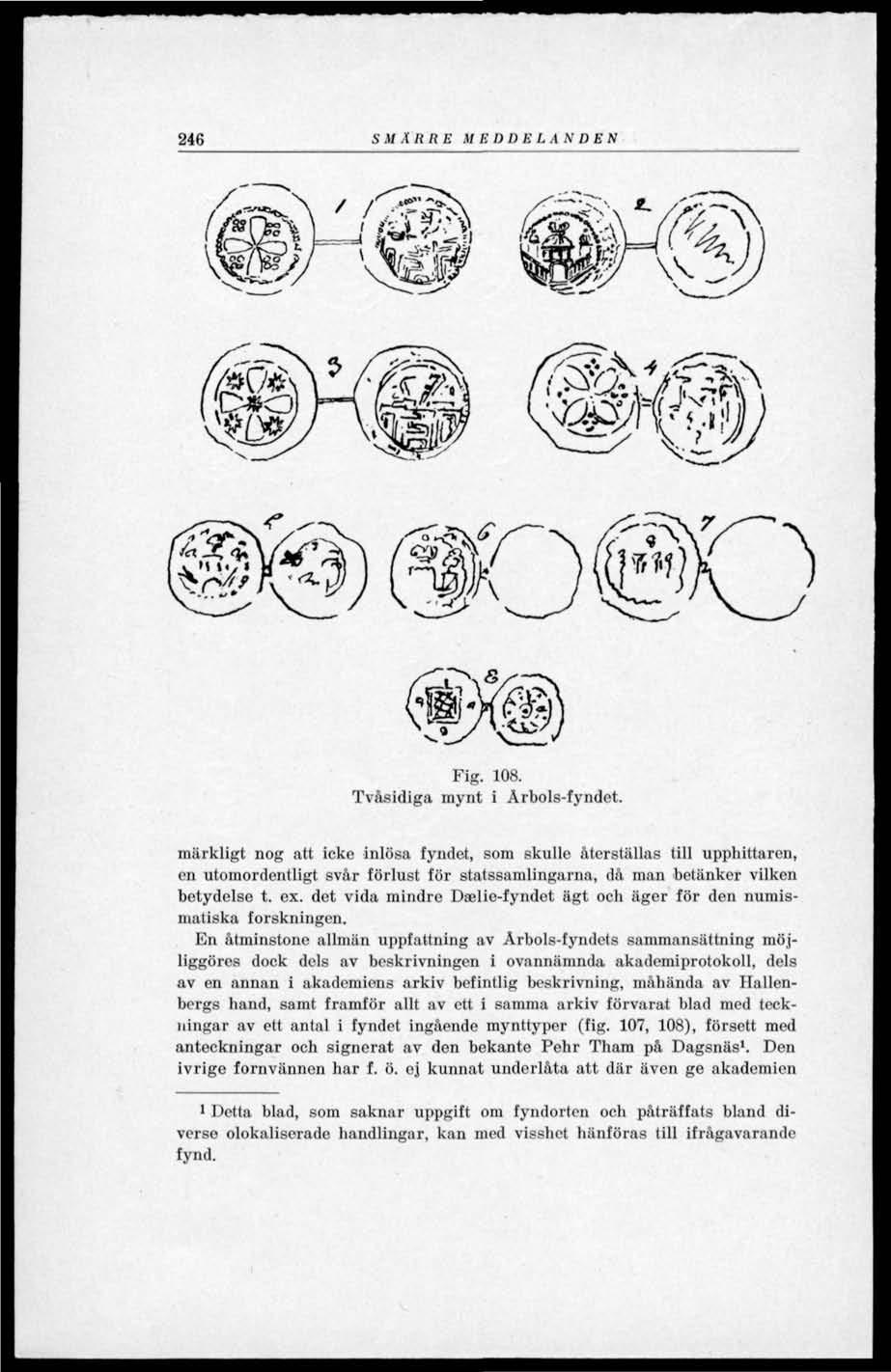 246 S M Ä Ii R E M E D DELANDEN ^A* Fig. 108. Tvåsidiga mynt i Arbols-fyndet.