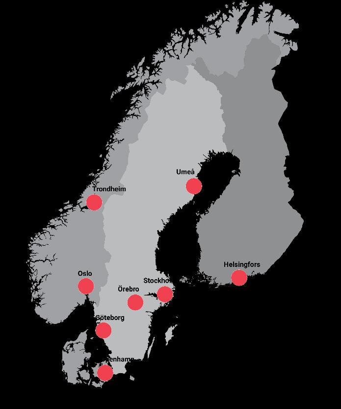 Dedicare i korthet Verksamhet i Sverige (1996), Norge (2002), Finland (2018) och Danmark (2019) Dedicare har åtta kontor.