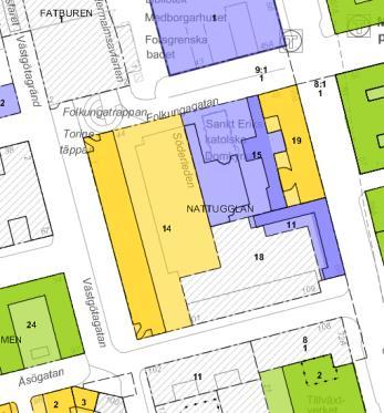 Kontorshusen inom fastigheten Nattugglan 14 är gulklassade, d v s fastighet med bebyggelse av positiv betydelse för stadsbilden och/ eller av visst kulturhistoriskt värde.