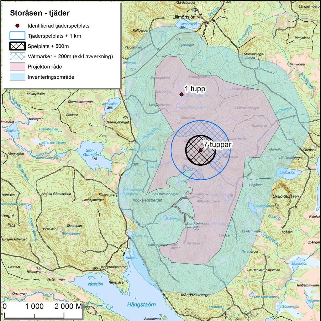 Figur 4. Karta över undersökningsområdet med markerade platser för identifierade spelplatser för tjäder. Antalet tuppar vid spelplatsen anges vid varje punkt, för mer information se tabell 2.