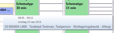 Bokade tider = Blå Ej bokningsbar aktivitet = Orange Håller man muspekaren över ett blått fält visas en tooltip med information om det bokade besöket.