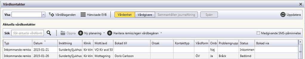 3.1.2 Listvy Aktuella vårdkontakter I listvyn för Aktuella vårdkontakter visas Planerade besök, Planerad dagsjukvård, Planerade inläggningar, Inkomna remisser, Väntelista, Ombokningslista, Öppen