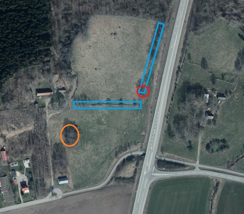 Figur 4. Röd ring solitär ek. Generellt biotopskydd: Blått - stenmurar. Orange - åkerholme. 4.6.2.