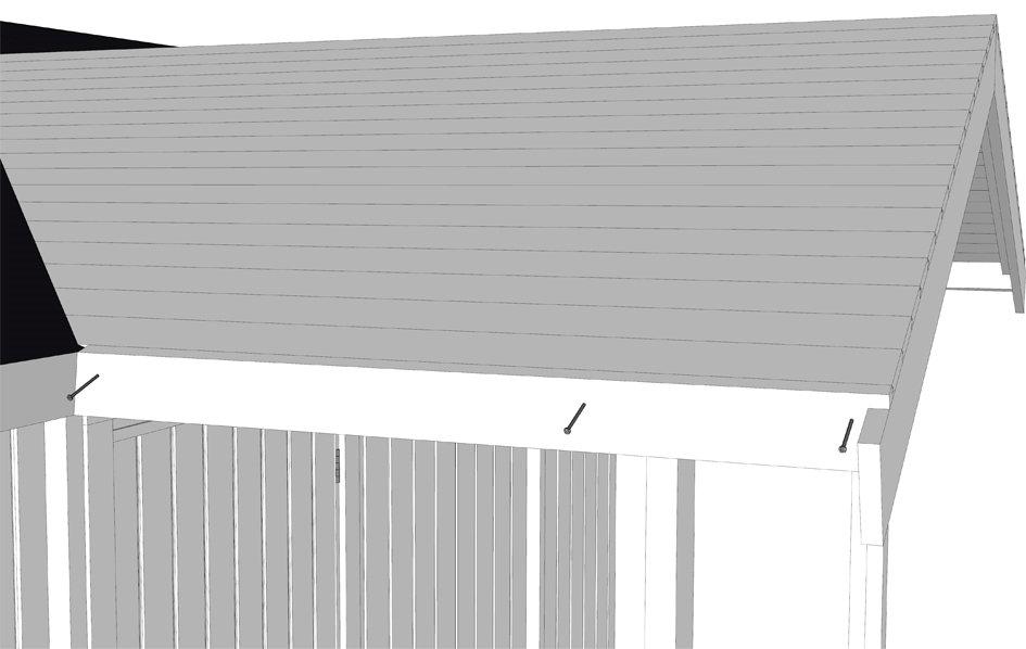 10. Spika fast takfotsbrädan med 1 spik 75x2,8 i varje takstolstass och stödregeln, takfotsbrädan måste kapas efter takets längd och anpassas mot den befintliga takfoten.