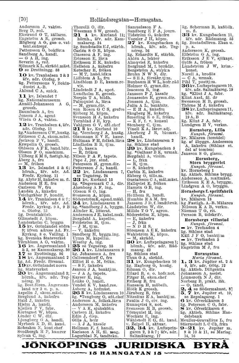 [70J Andersson,J, vaktm. Berg Ii, red. Ekatr-and G '1.\ källarm. Engström A EJ gros sh. Högberg A G, gas- o. vattenl.entrepr. Pettersson G, bokförra Sandberg A, handl. - G A H, ing. Severin A, red.