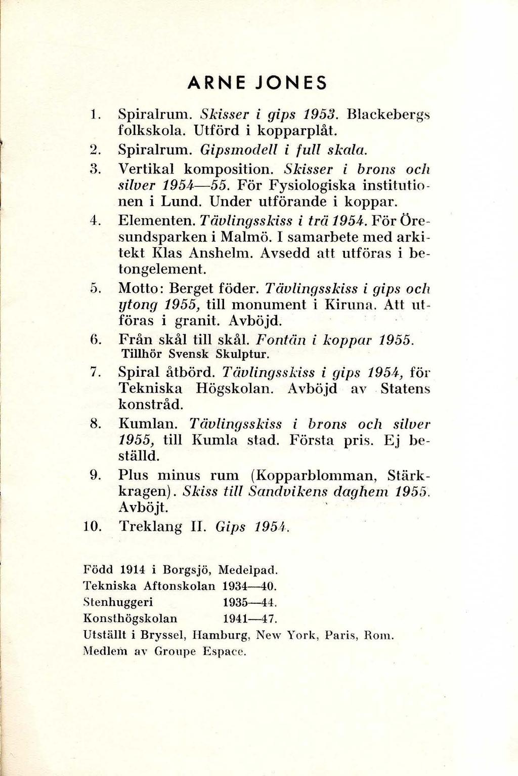 ARNE JONES 1. Spiralrunl. Skisser i gips 1953. Blackebergs folkskola. Utförd i kopparplåt. 2. Spiralrum. Gipsmodell i full skala. 3. Vertikal komposition. Skisser i brons och silver 1954-55.