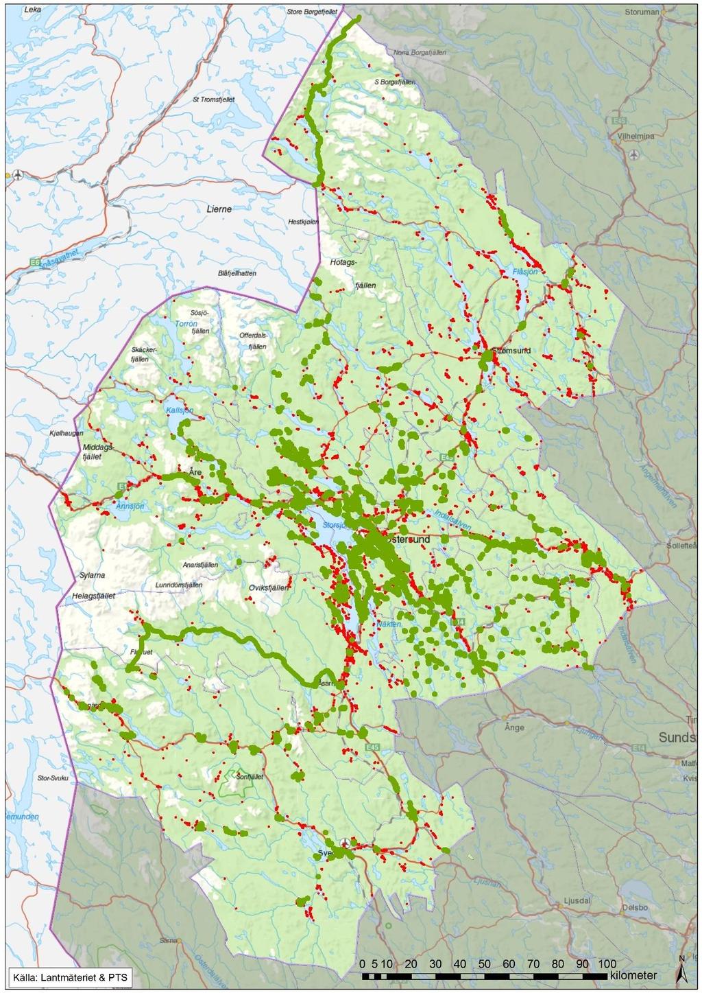 Karta buffrade fiberområden. De röda kvadraterna visar var det finns permanentboenden och där ingen i det området har fiber närmare än 1 km.