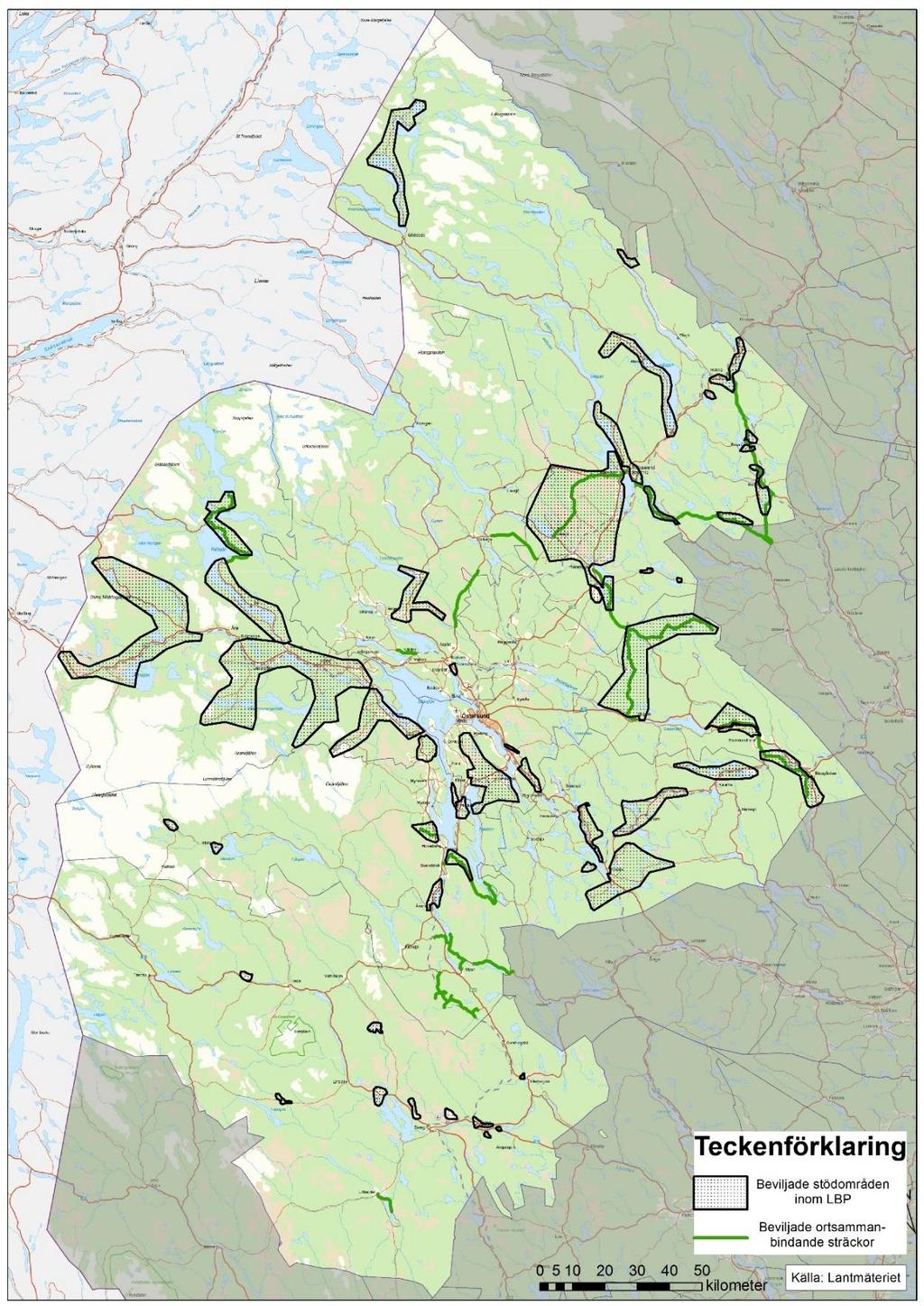 Kartan visar vilka områden och sträckor som beviljats stöd från antingen Landsbygdsprogrammet eller ERUF (ortsammanbindande