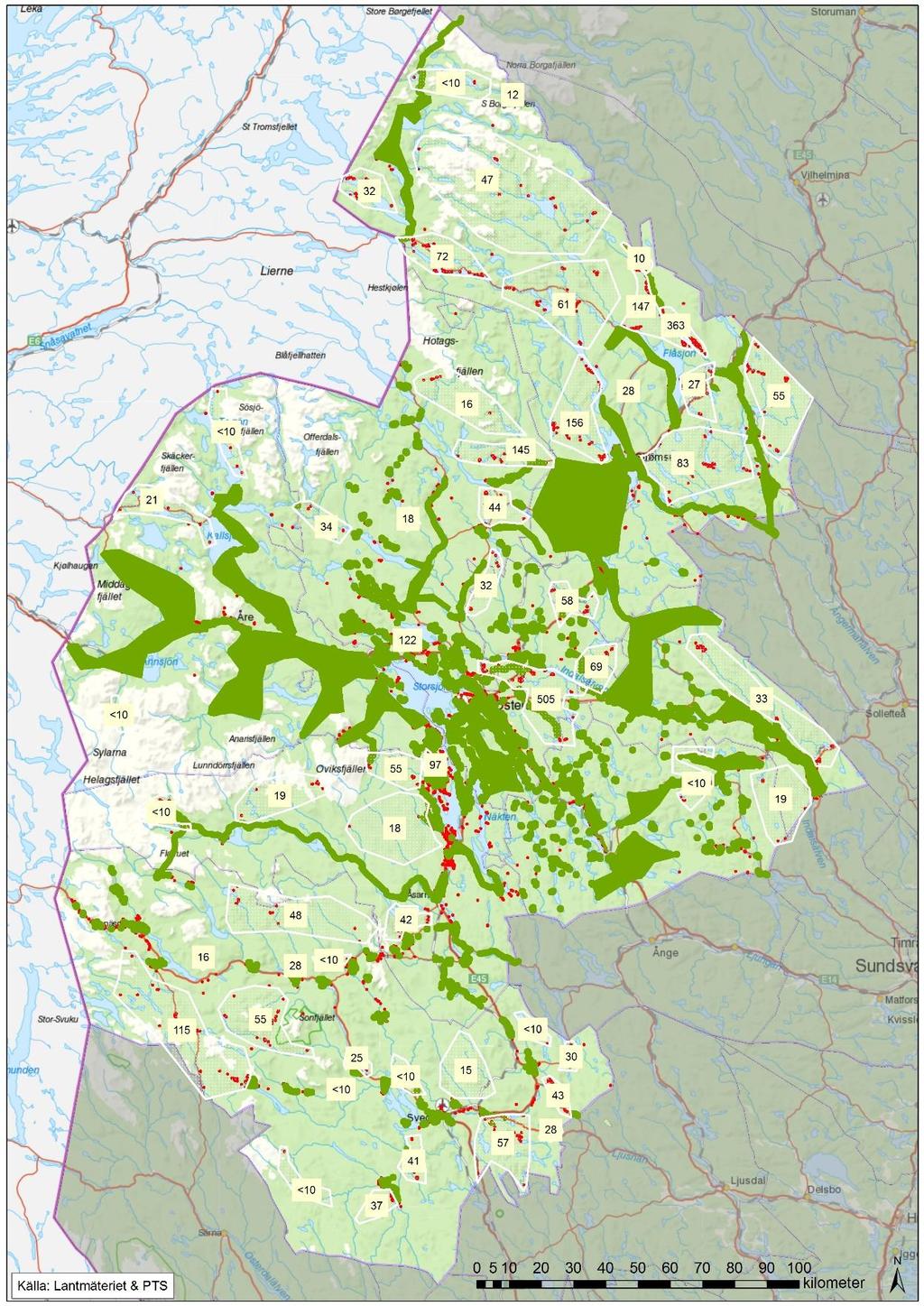 Karta byggd på all känd befintlig fiber eller fiber som kommer att byggas inom kort. Dessa områden har sedan buffrats en km åt alla håll, se mörkgröna områden på kartan.