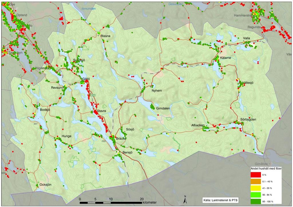 Bräcke kommun Andel hushåll med fiberanslutning 2018-10-01.. Varje ruta är 250 x 250 m.