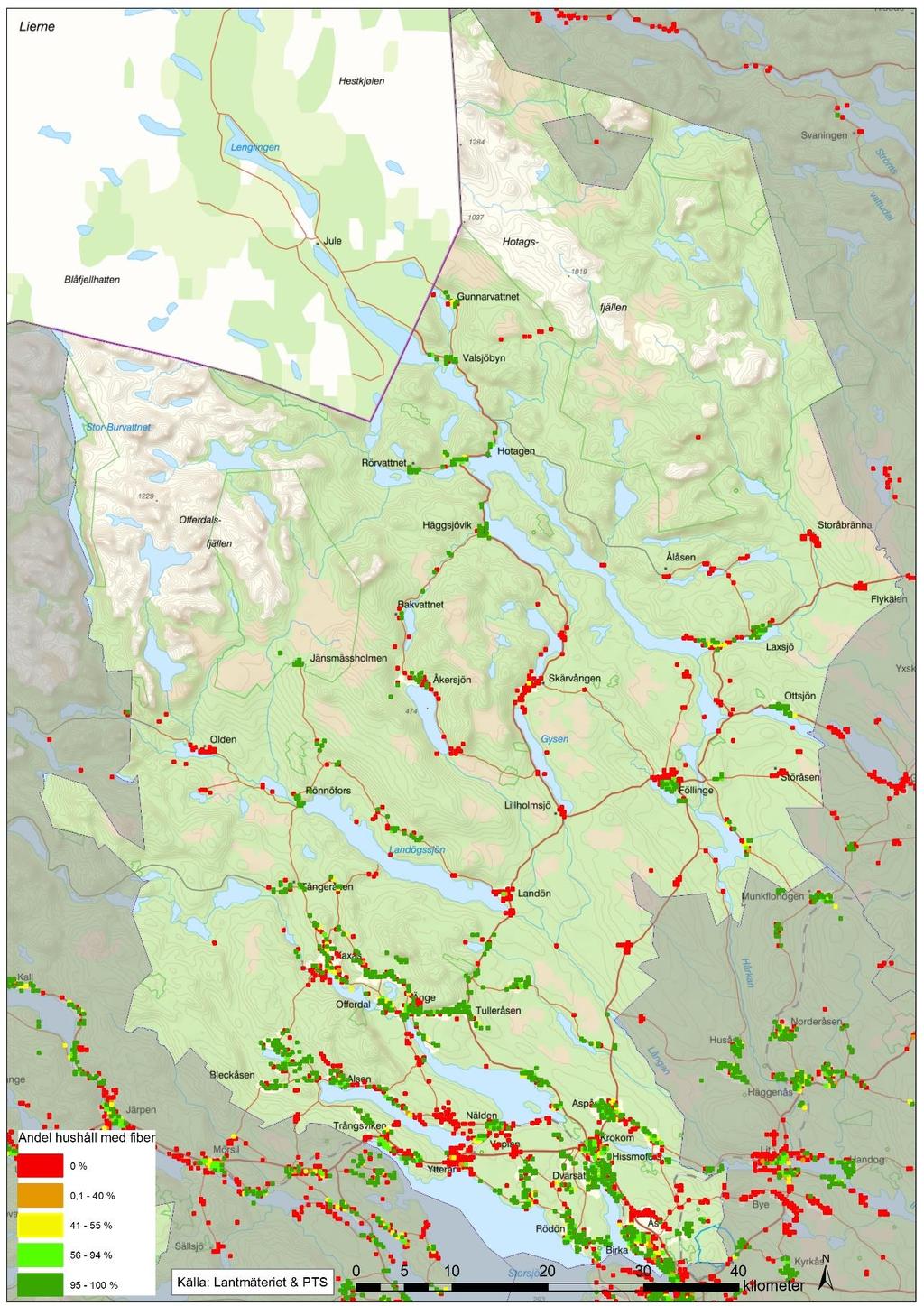 Krokoms kommun Andel hushåll med fiberanslutning 2018-10-01. Varje ruta är 250 x 250 m.