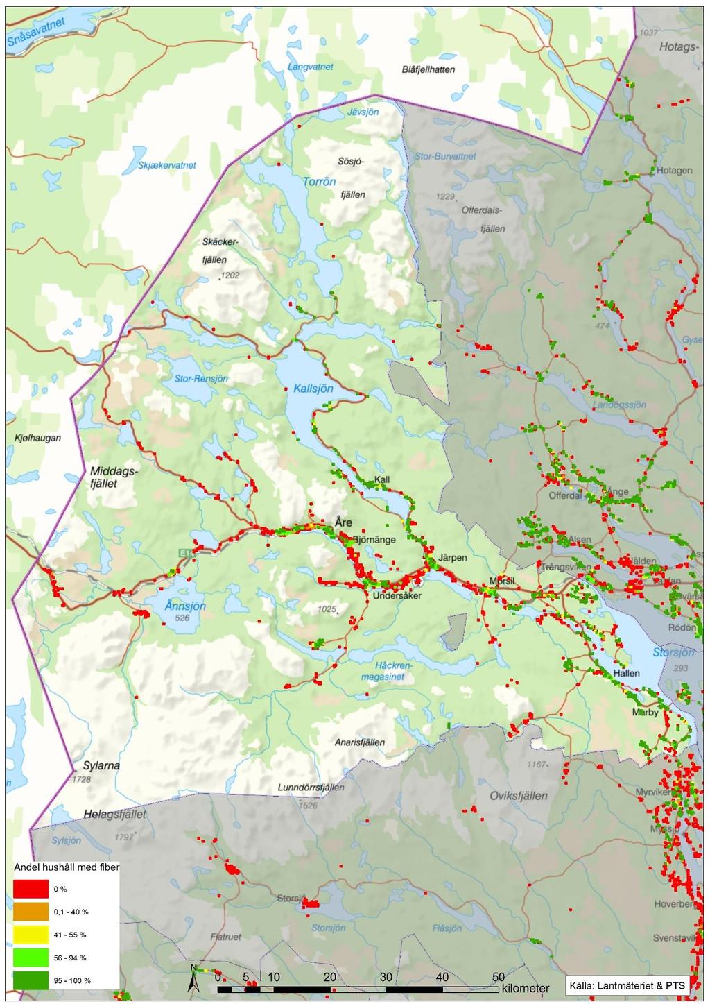 Åre kommun Andel hushåll med fiberanslutning 2018-10-01. Varje ruta är 250 x 250 m.