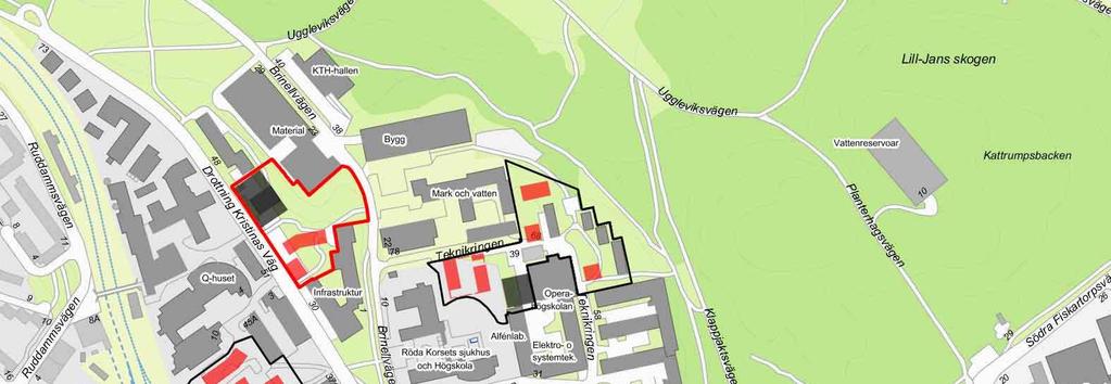 Sida 2 (8) Översiktskarta: Parallella detaljplaner för nya studentbostäder markerade i svart, aktuellt planområde med röd linje samt nya studentbostadshus inom campus i rött och nya