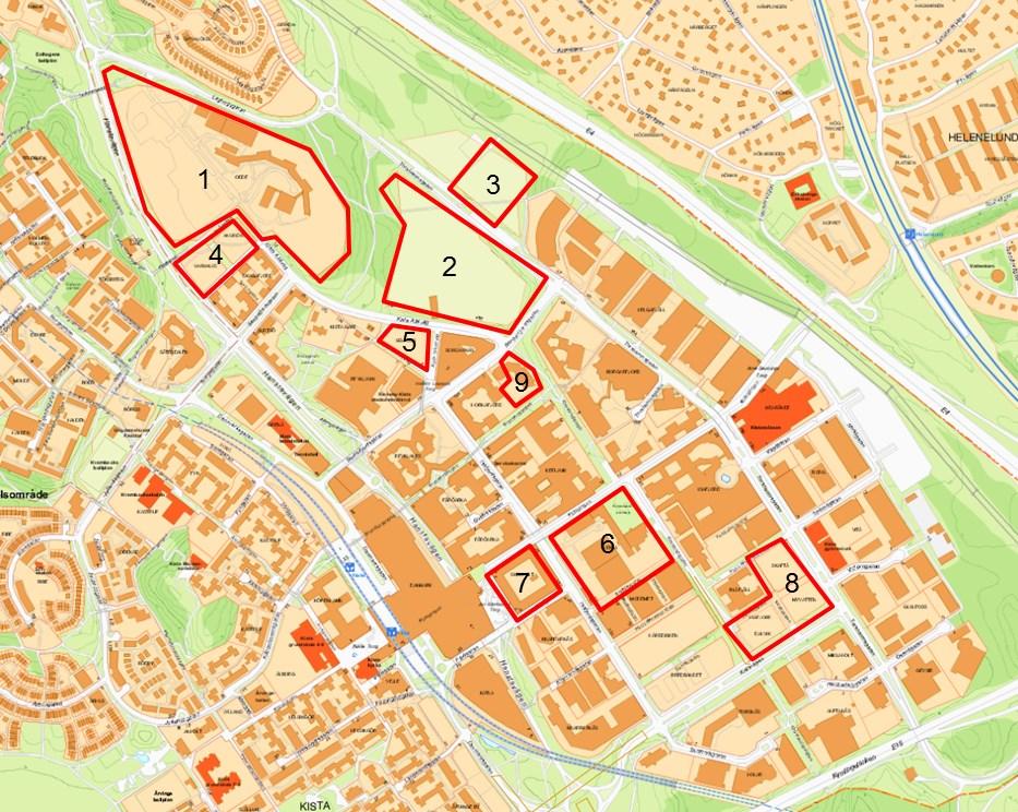 Sida 4 (8) Karta med planerade bostäder i Kistas verksamhetsområde. Pilen markerar markanvisningsområdet. 1. Odde 2 000 bostäder, varav 350 studentbostäder, förskola 18 avdelningar, centrumändamål. 2. Kista Äng 1 700 bostäder, skola f-9 650 elever, förskola 12 avdelningar.