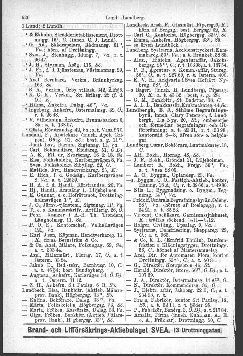 liao Lund-e-Lundberg. 1 Lund; 2 Lundh. Lundbeck. Ansh. F., Glasmäst., Pipersg...9" K, hörn. af Bergsg.;,bost. Bergsg,r :\2, K. :,-1 "Ekholm, Skrädderietablissement.Drott- - Carl C.,..Kontorist, Högbergag.