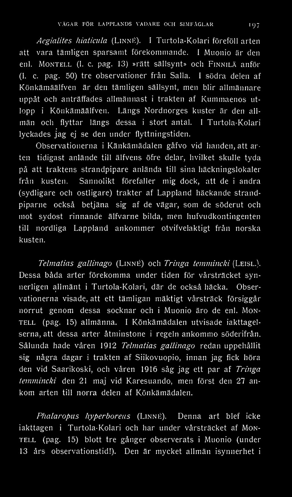 Observationerna i Känkämädalen gåfvo vid handen, att arten tidigast anlände till älfvens öfre delar, hvilket skulle tyda på att traktens strandpipare anlända till sina häckningslokaler från kusten.