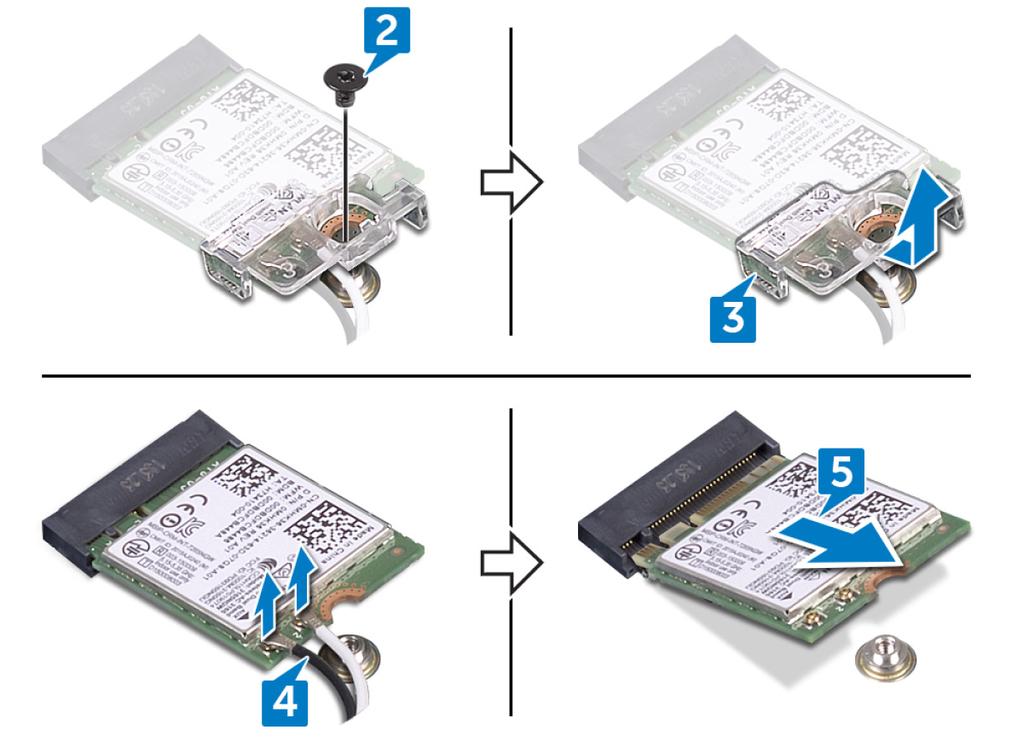 2 Ta bort skruven (M2 3,5) som håller fast det trådlösa kortet i moderkortet. 3 Lyft av fästet för det trådlösa kortet från det trådlösa kortet.