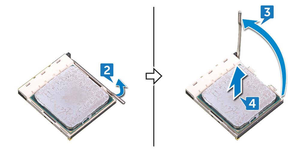 2 Tryck frigöringsspaken nedåt och tryck den därefter bort från processorn så att den lossnar från