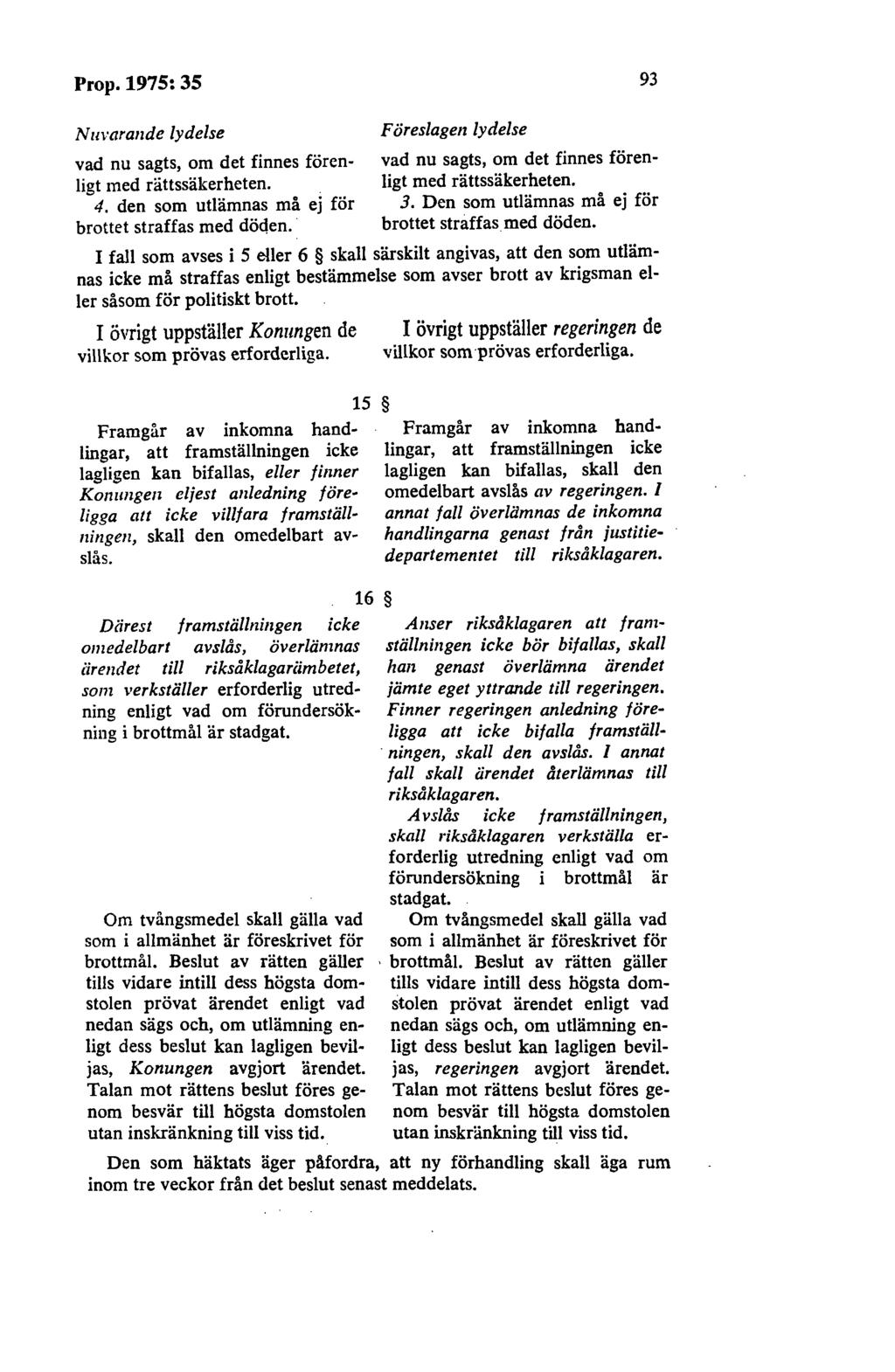 Prop.1975:35 93 Nuvarande lydelse Före slagen lydelse vad nu sagts, om det finnes fören- vad nu sagts, om det finnes förenligt med rättssäkerheten. ligt med rättssäkerheten. 4.