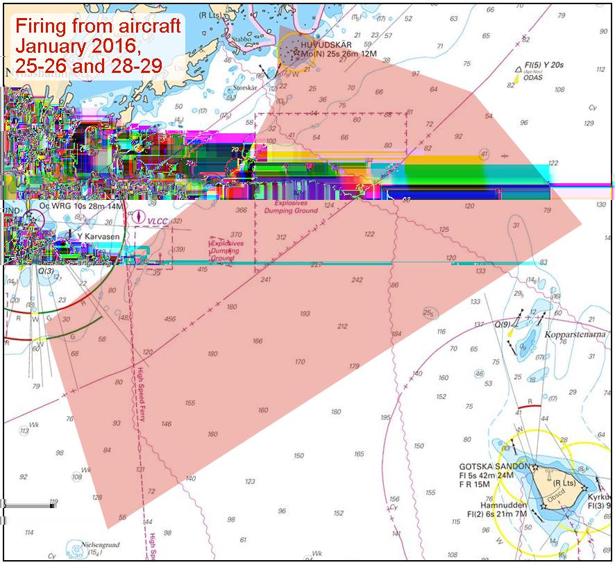 2016-01-14 5 Nr 581 Skjutning från flygplan FMV. Publ. 8 januari 2016 * 10907 (T) Sjökort: 616, 6163 Sverige. Norra Östersjön. O om Utö. Skjutvarning. 14-16 januari 2016.
