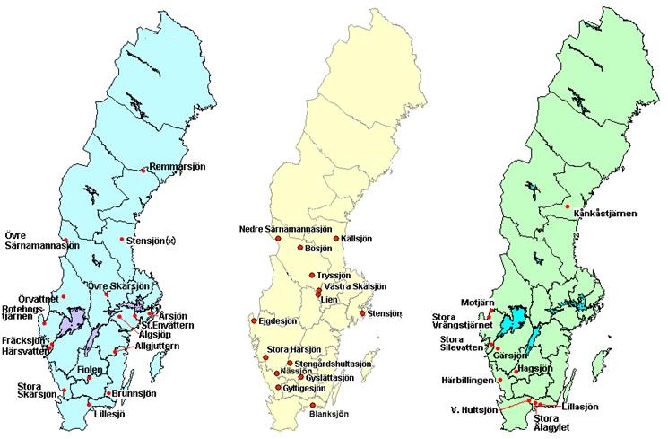 Figur Karta. Kartan till vänster visar var referenssjöarna ligger, både sura och neutrala. Mittenkartan visar de sjöar som är kalkade och provtas inom IKEU.