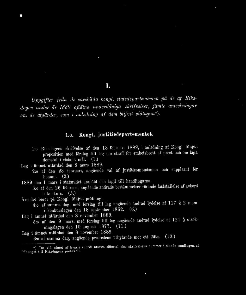l:o Riksdagens skrifvelse af den 13 februari 1889', i anledning af Kongl. Maj:is proposition med förslag till lag om straff för embetsbrott af piest och om laga domstol i sådana mål. (1.