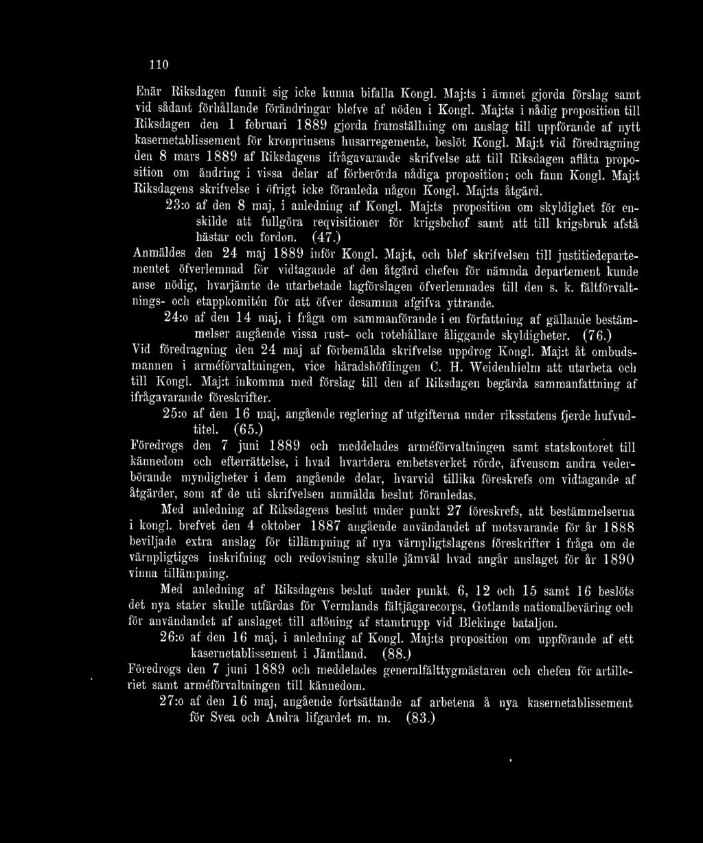 Maj:t vid föredragning, den 8 mars 1889 af Riksdagens ifrågavarande skrifvelse att till Riksdagen aflåta proposition om ändring i vissa delar af förberörda nådiga proposition; och fann Kongl.