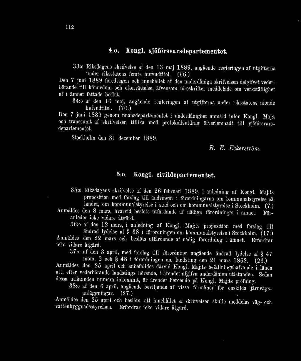 beslut. 34:o af den 16 maj, angående regleringen af utgifterna under riksstatens nionde hufvudtitel. (70.) Den 7 juni 1889 genom finansdepartementet i underdånighet anmäld inför Kongl.