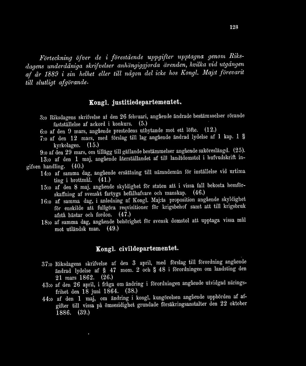 ) 6:o af den 9 mars, angående prestedens utbytande mot ett löfte. (12.) 7:o af den 12 mars, med förslag till lag angående ändrad lydelse af 1 kap. 1 kyrkolagen. (15.