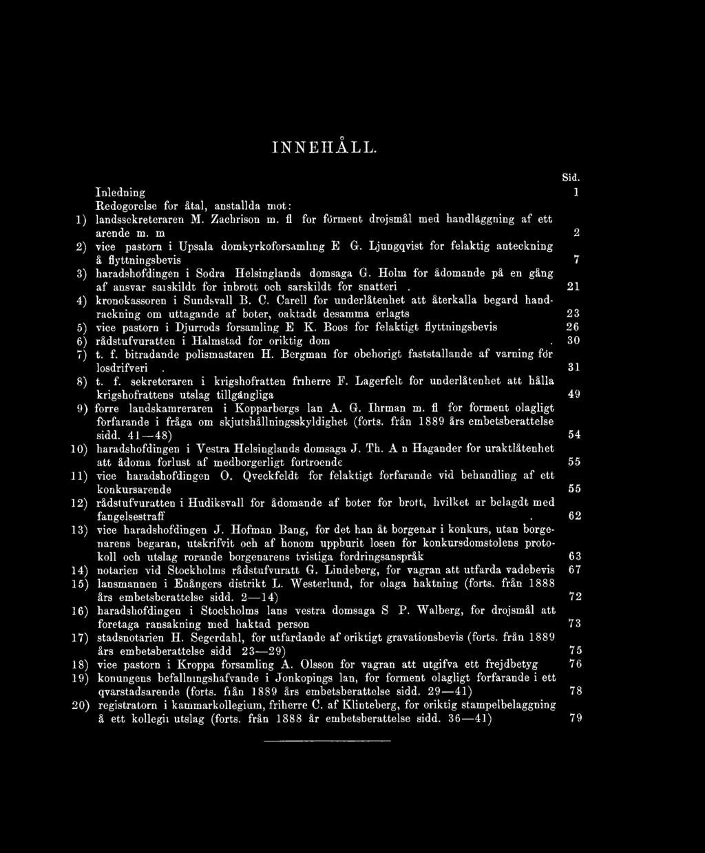 .. 21 4) kronokassören i Sundsvall B. C. Carell för underlåtenhet att återkalla begärd handräckning om uttagande af böter, oaktadt desamma erlagts... 23 5) vice pastorn i Djurröds församling E. K.