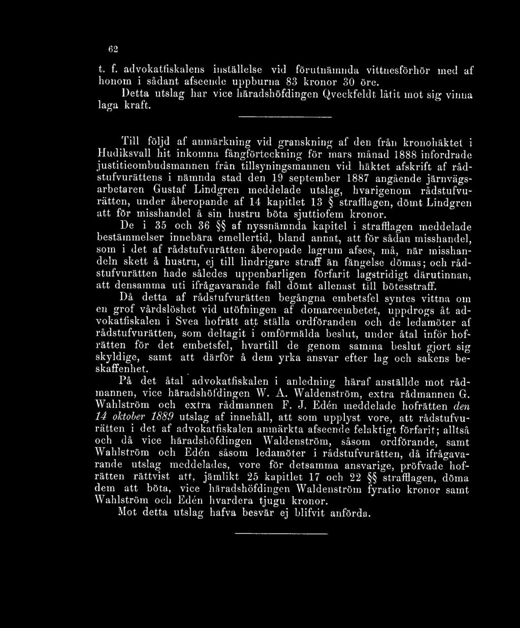 Till följd af anmärkning vid granskning af den från kronohäktet i Hudiksvall hit inkomna fångförteckning för mars månad 1888 infordrade justitieombudsmannen från tillsyningsmannen vid häktet afskrift