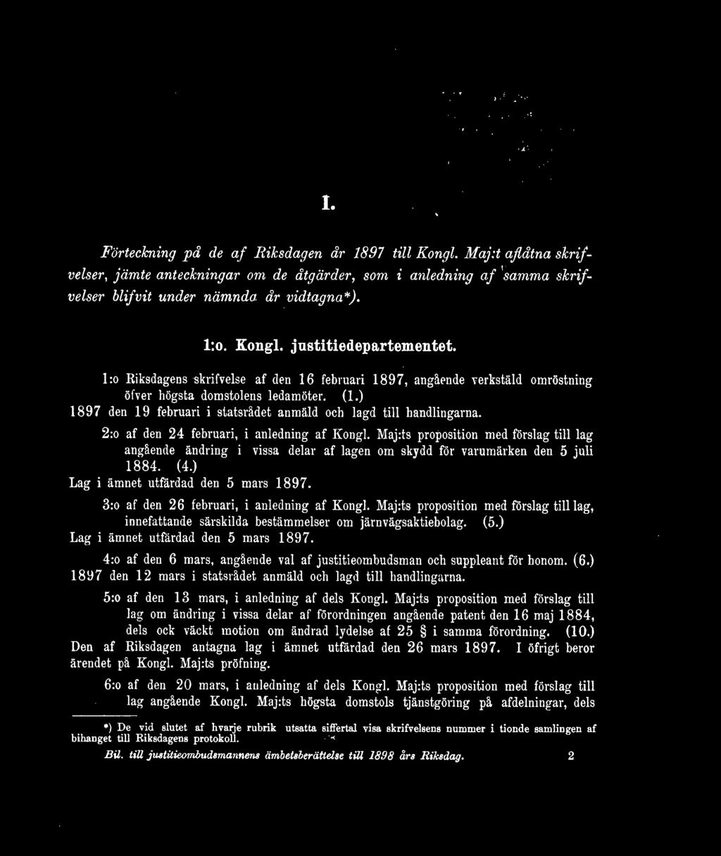 ) 1897 den 19 februari i statsrådet anmäld och lagd till handlingarna. 2:o af den 24 februari, i anledning af Kongl.