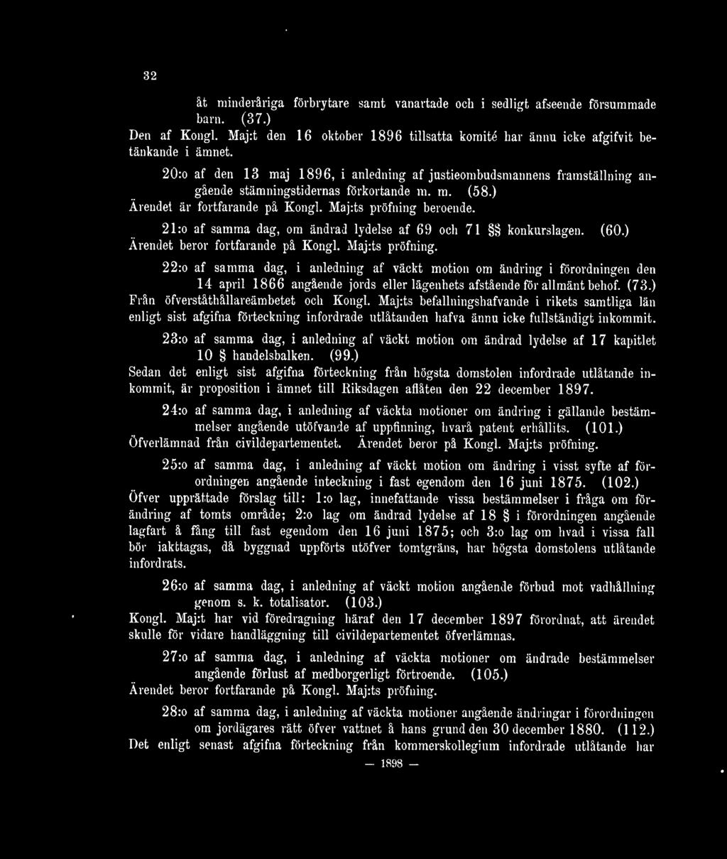 21:o af samma dag, om ändrad lydelse af 69 och 71 konkurslagen. (60.) Ärendet beror fortfarande på Kongl. Maj:ts pröfning.