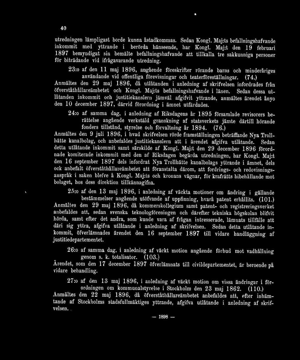23:o af den 11 maj 1896, angående föreskrifter rörande barns och minderåriges användande vid offentliga förevisningar och teaterföreställningar. (74.