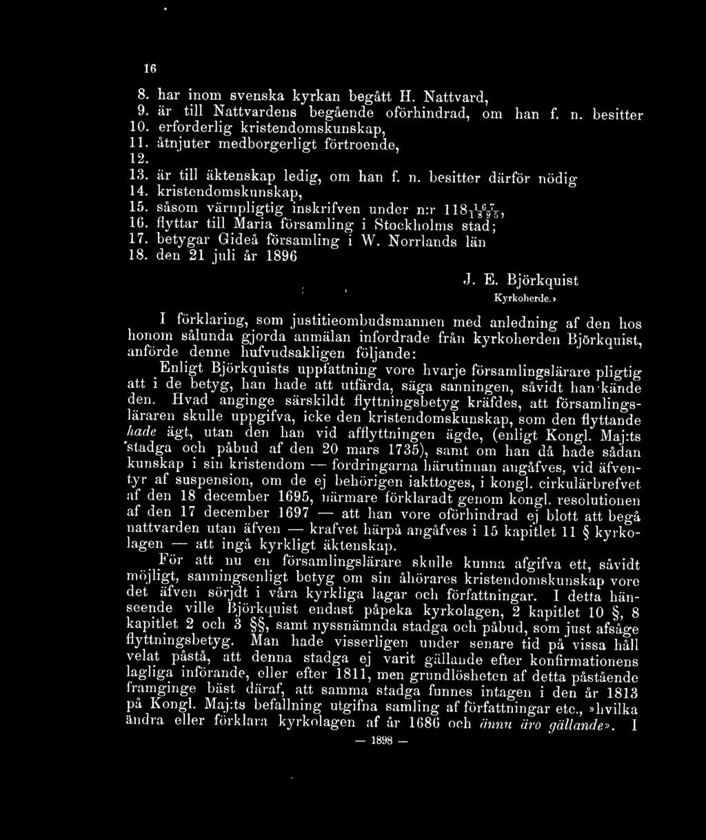 betygar Gideå församling i W. Norrlands län 18. den 21 juli år 1896 J. E. Björkquist Kyrkoherde.