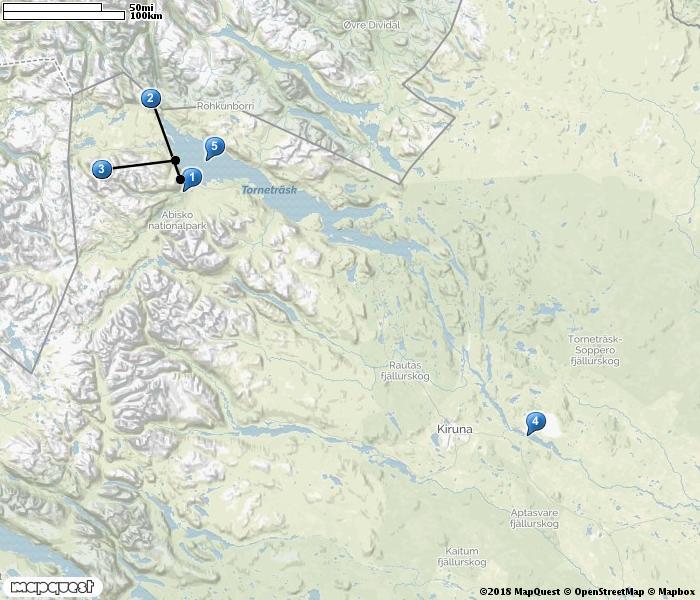 Dag Orter/resplan 1 Resan startar vid Abisko järnvägsstation. Skådning i fjällbjörkskogen. Alla nätter i Abisko. 2 Nuolja. 3 Stordalens Naturreservat och Harrsjöarna.