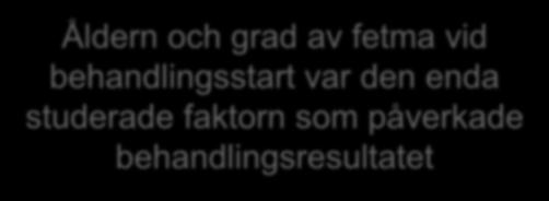 Möjliga faktorer som kan påverka behandlingseffekten Ålder vid behandlingsstart Kön Ålder vid fetmadebut Grad av fetma Födelsevikt ADHD och andra neuropsyk diagnoser Föräldrarnas viktstatus