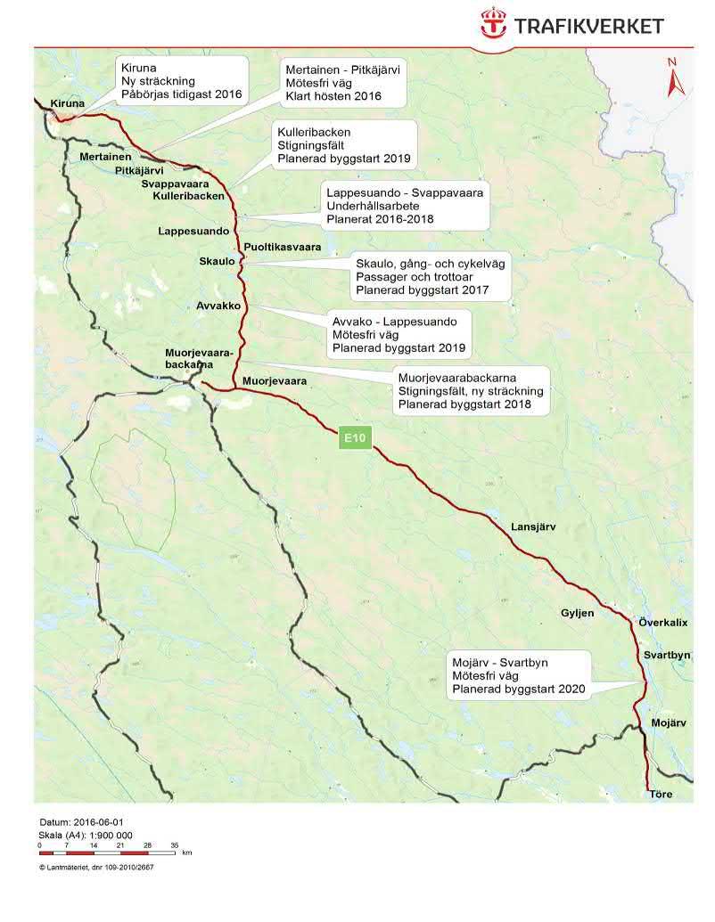 Pågående och planerade åtgärder på E10 För att öka trafiksäkerheten har sidoräcken satts upp där sidoområdet innebär risk för allvarliga följder vid en avkörning.
