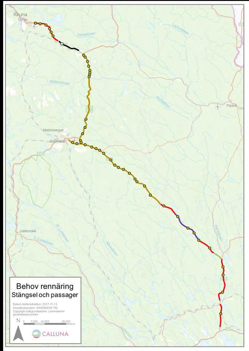 Figur 8. Översikt över samebyarnas uttryckta behov vad gäller viltstängsel och passagemöjligheter E10 Kiruna Töre.