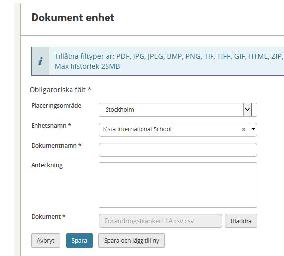 Filen har nu laddats upp och syns under Dokument. Ge dokumentet ett namn t.ex.